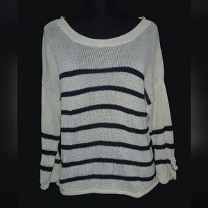 Blu Pepper Black/White Striped Open Knit Sweater, D-Ring Tab Sleeves Size Large